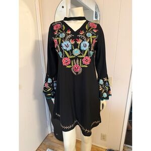 Vintage Scully Embroidered Blck Mini Dress W/ Attached Choker Bell Slv Cowgirl M